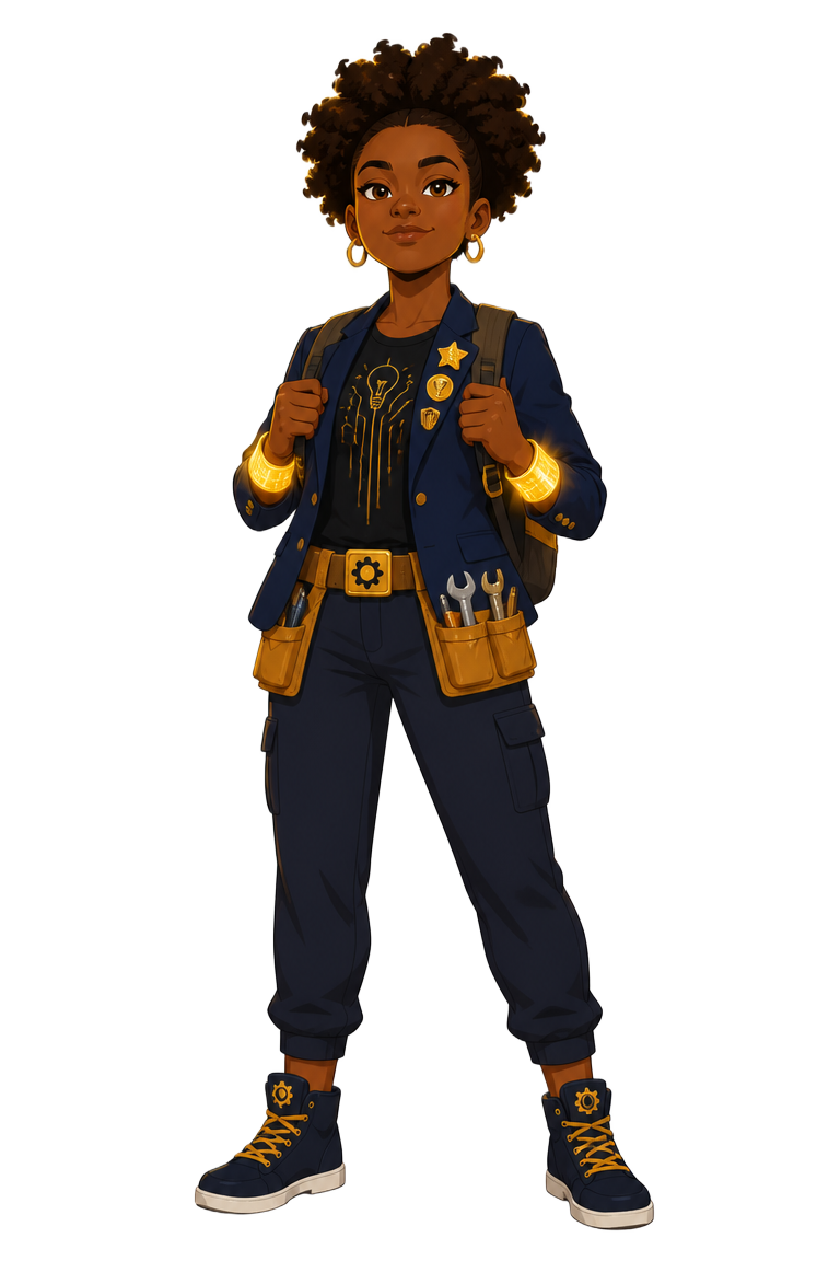 A Level Up student mid-program wearing earned badges and a tool belt